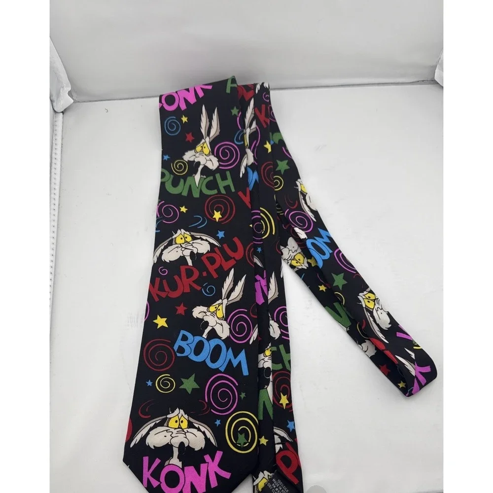 Vtg 1992 WB Balancine Looney Tunes Colorful Wile E Coyote Silk Tie Sound Effects